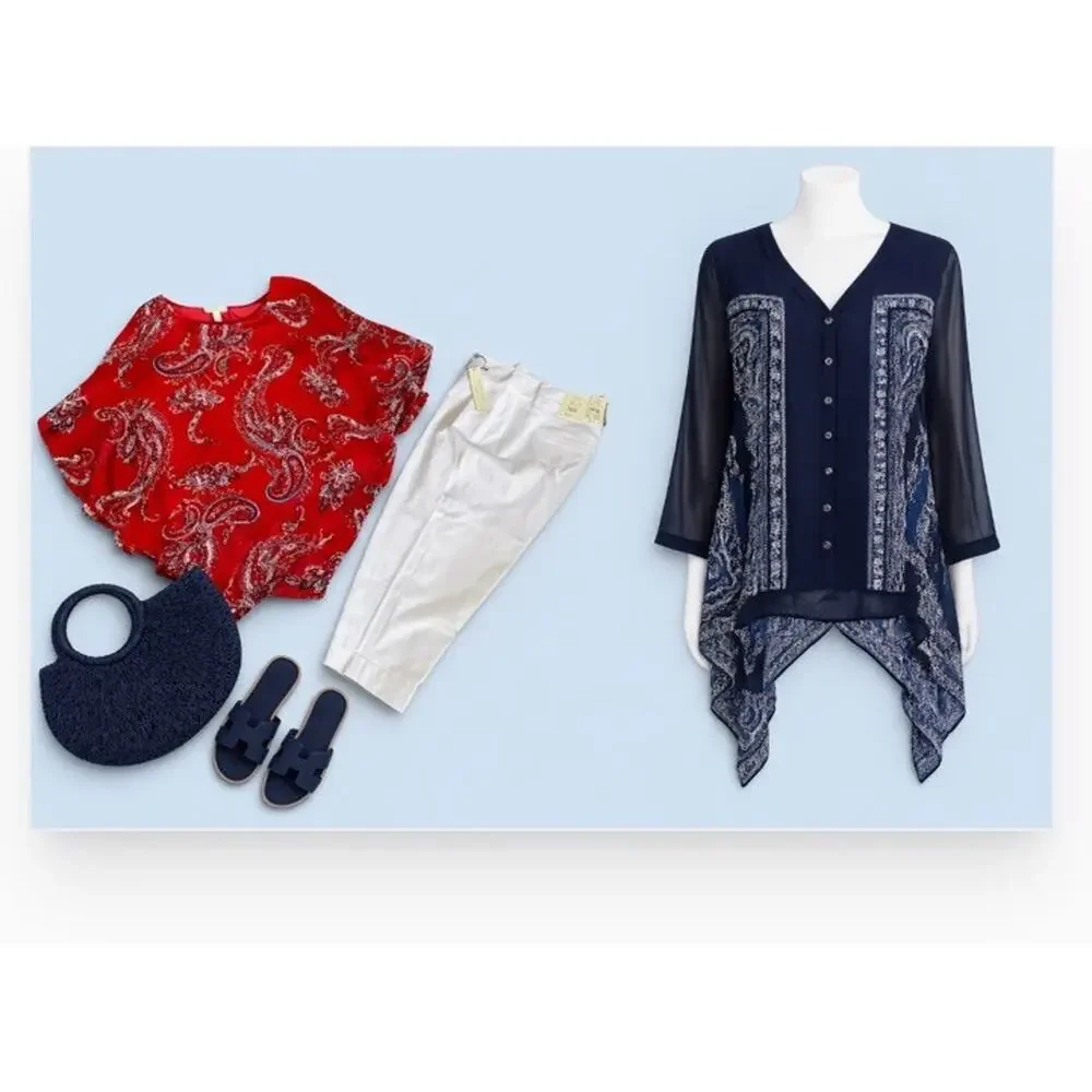 3 Pcs.Summer Capsule Outfits White Capri Pants, Blue Red Tunic Tops Plus 16W 1X - Picture 2 of 15
